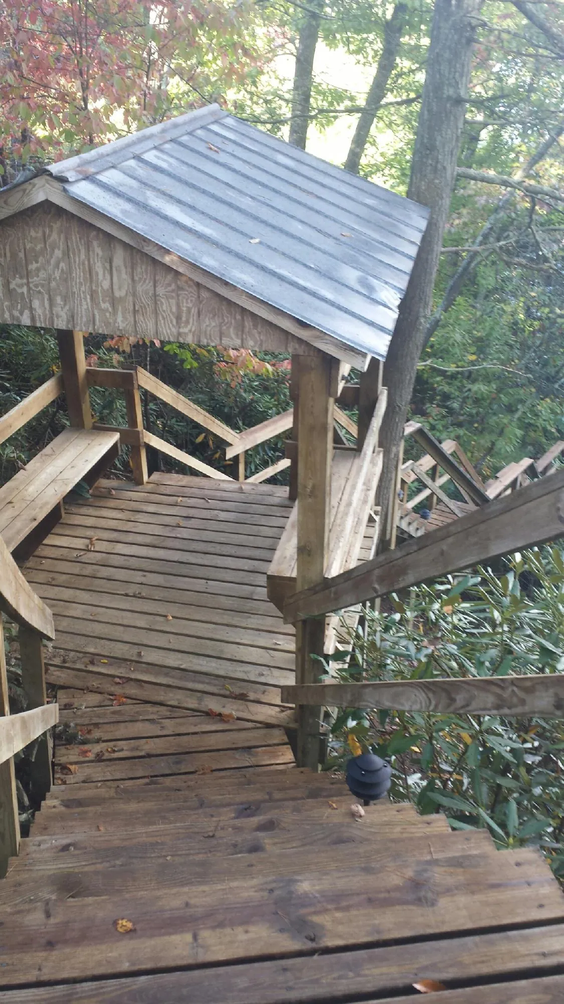 Metal roofed shelter over wooden steps on a wooded walkway — Skylight Repair & Installation work by our crew in Mc Cracken
